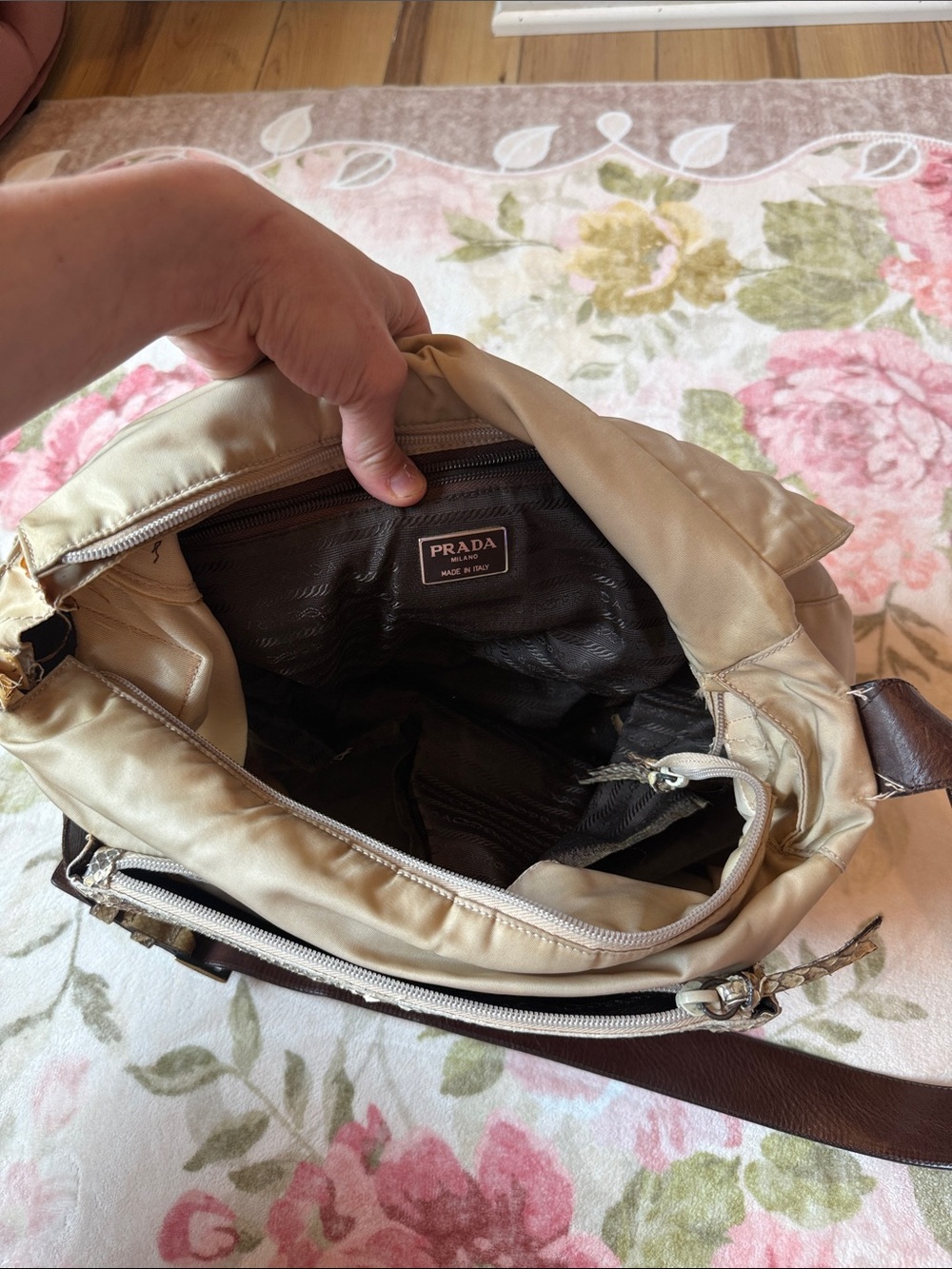 Prada Beige Nylon Tote with Snakeskin Accents - Picture 7 of 11
